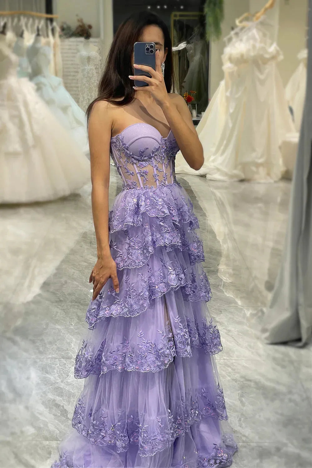 Wholesale Glitter Purple A-Line Sweetheart Long Tiered Prom Dress With Slit prom dresses with long sleeves